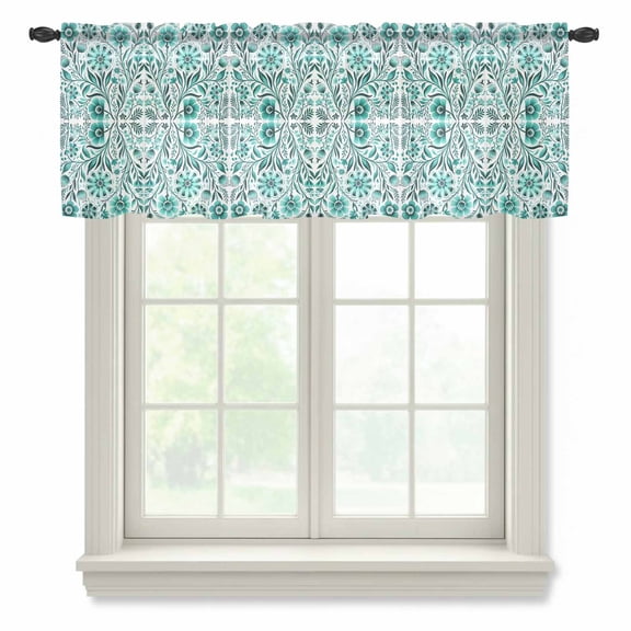 Teal Boho Valance Curtains for Kitchen/Living Room/Bathroom/Bedroom Window, Rod Pocket Small Topper Half Short Window Curtains Voile Sheer Scarf, Ethnic Tribal Floral Abstract Art Aesthetics 42"x18"