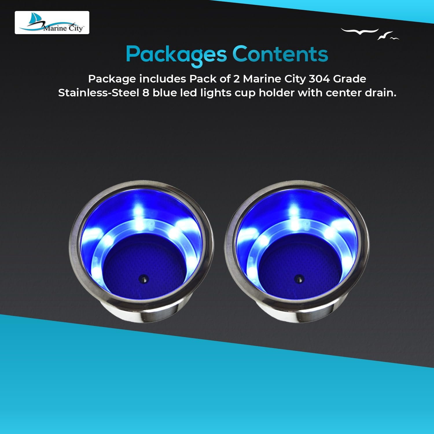 Marine City Drink Cup Holder with Drain, 304 Stainless Steel, 8 Blue LED Lights, Corrosion-Resistant Easy Installation, for Boats Yachts Ships Kayaks, 2-Pack