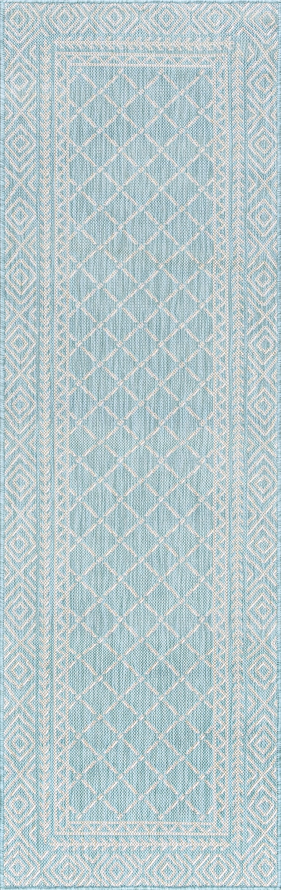 Bliss Rugs Diamond Indoor Outdoor Rug Water Resistant Runner Rug for Patio, Hallway, Entryway, Deck, Aqua ,3' x 10'