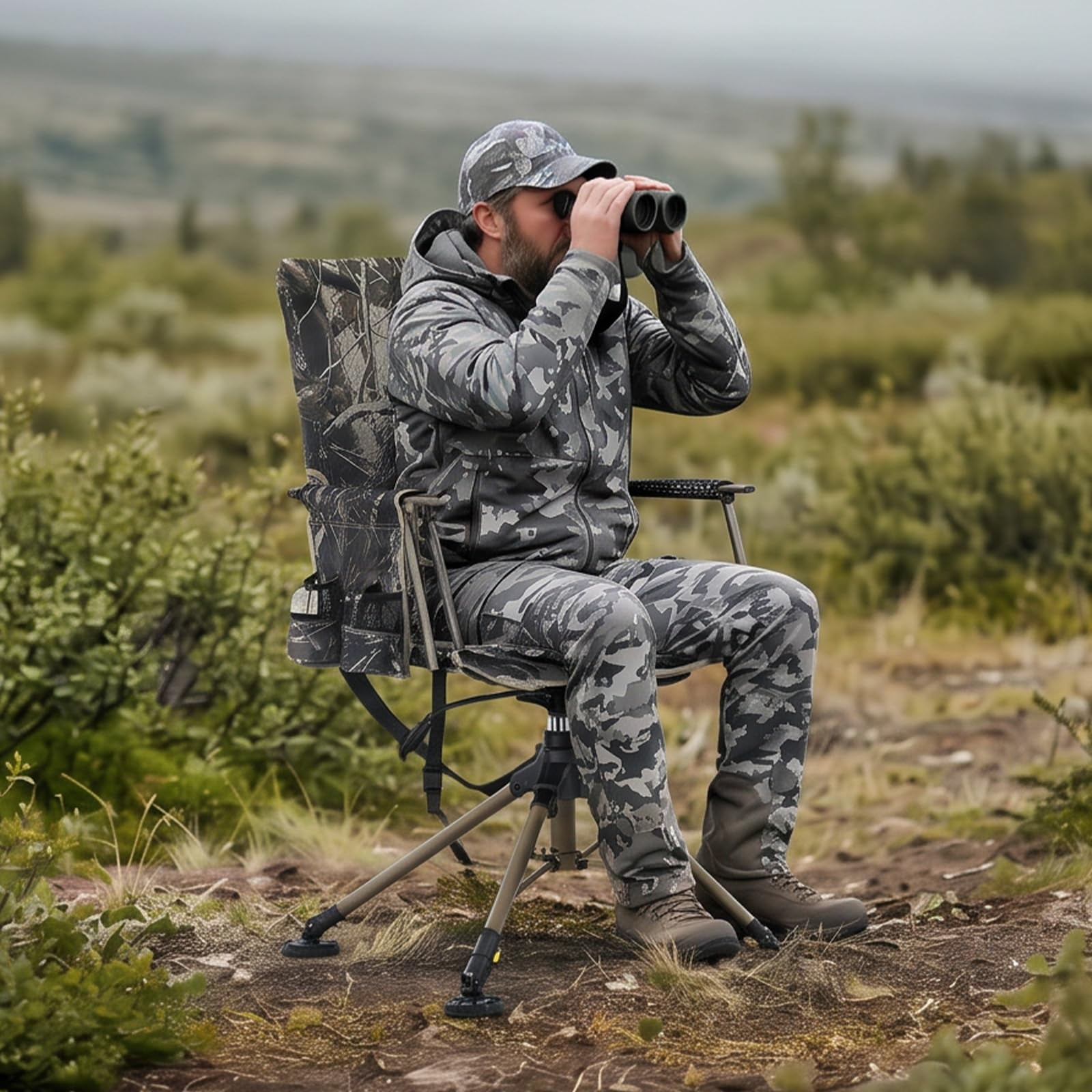 Hunting Chair Camping Chair 360° Swivel Folding Seat Breathable Mesh Armrests 2 Cup Holders Adjustable Height Shoulder Strap Stainless Steel Frame Camouflage Outdoor Chair