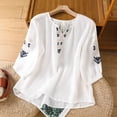 thumbnail image 2 of Cmfcve Tops for Women 2026 Cotton Linen T Shirts Retro Plus Size 3/4 Sleeve V Neck Embroidered Blouse, 2 of 7