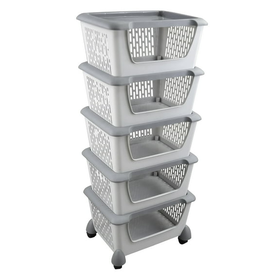 Morcte 5-Pack Plastic Stackable Storage Basket with Lids, Gray Stacking Organizer Basket with Wheels
