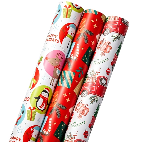 Tuonito 3-Pack Christmas Wrapping Paper Rolls, 17 in x 10 ft Each, Gift Wrap Paper with Santa, Reindeer, Snowman & Christmas Tree Designs