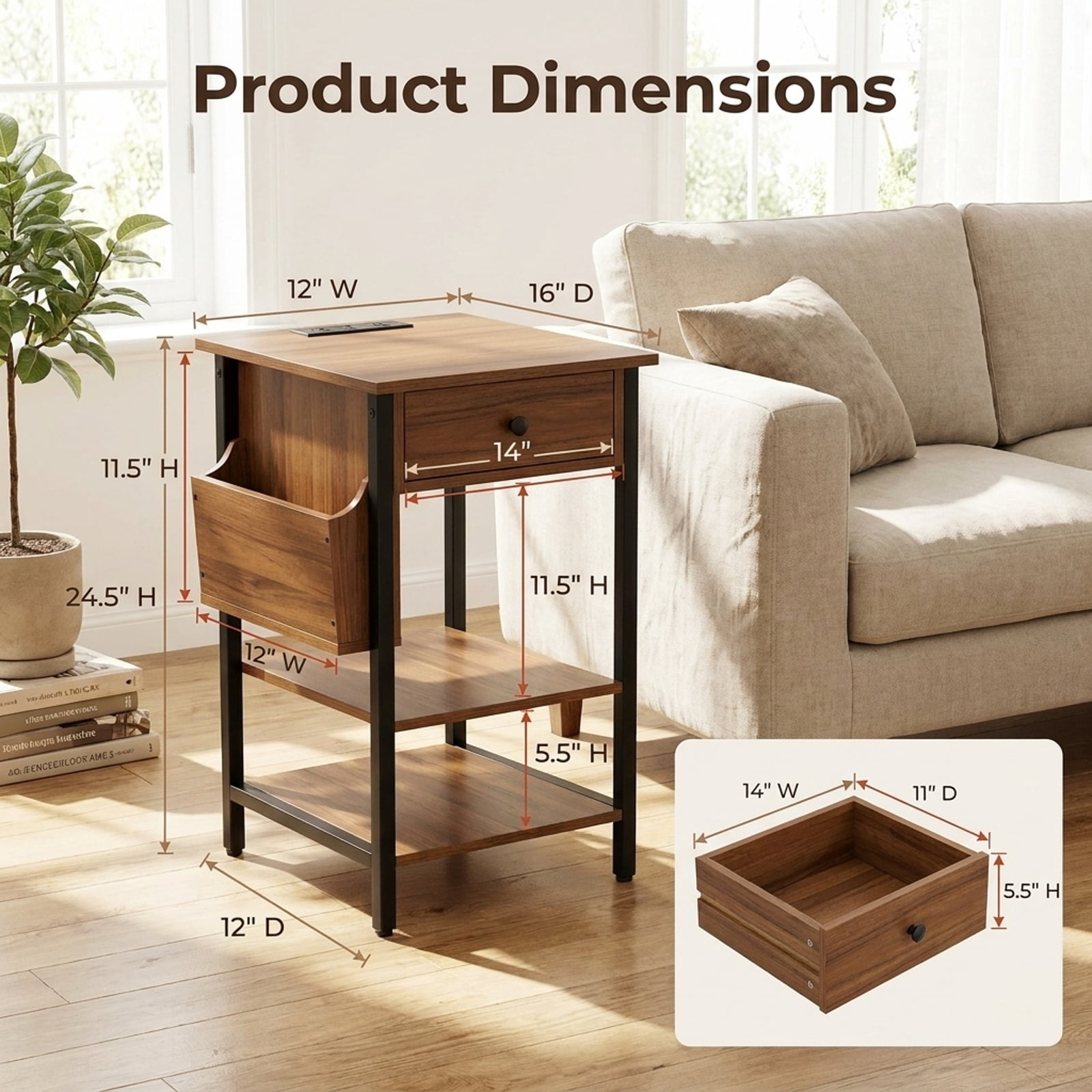 Furnibear Nightstand with Charging Station 24.5 inch Modern Bedside Table with Fabric Drawer for Bedroom Living Room Bedside Sofa Side, Rustic Brown
