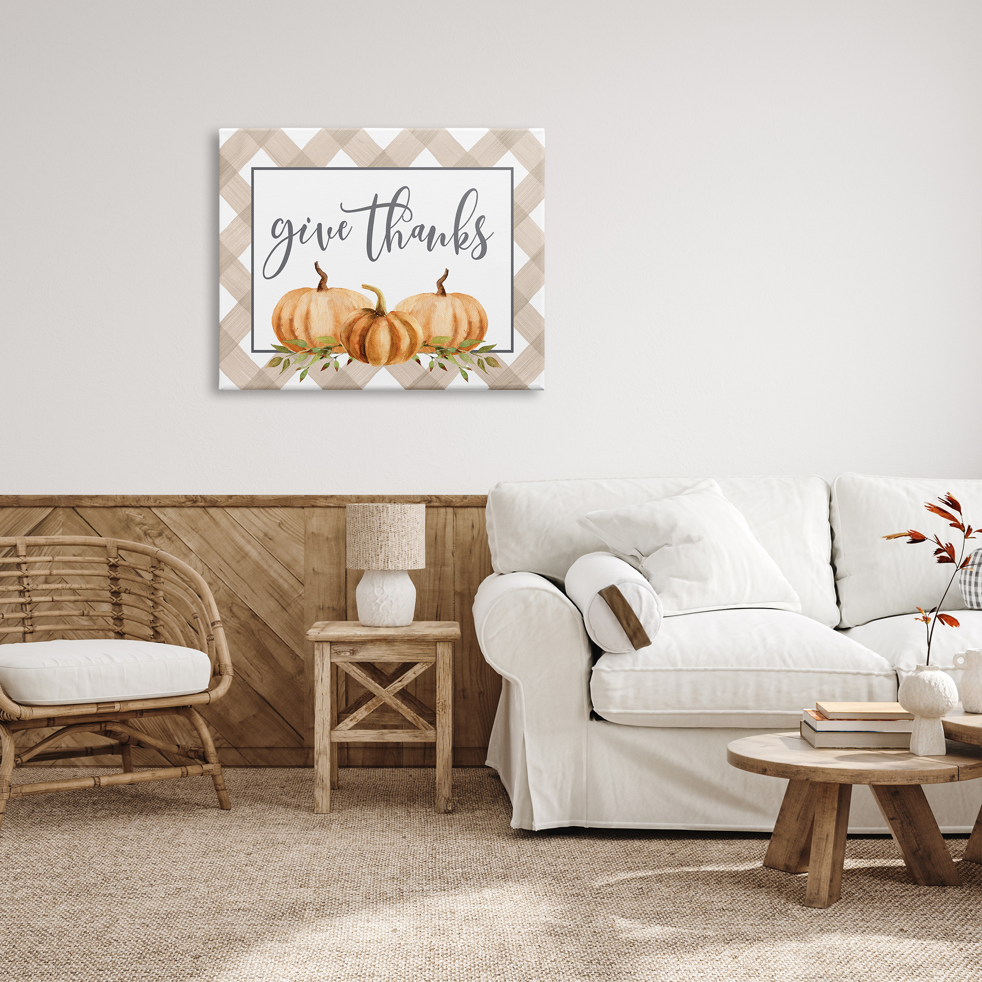 Stupell Industries Give Thanks Calligraphy Autumnal Tartan Pumpkin Border Graphic Art Gallery Wrapped Canvas Print Wall Art, Design by Lettered and Lined