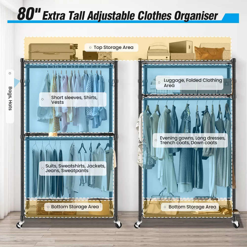 Sailvan Heavy Duty Clothing Rack with 3 Tier Adjustable Shelves, Double Rod Rolling Garment Rack, Small Space Freestanding Closet Wardrobe 16.54"D x 23.62"W x 80.71"H,White