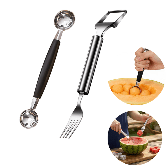 LHYXU 2-in-1 Watermelon Fork Slicer, Stainless Steel Dual Head Watermelon Slicer Tool & Double-Ended Headed Baller Scoop Portable Melon Cutter for Home Kitchen Picnic Party Camping (2Pcs)