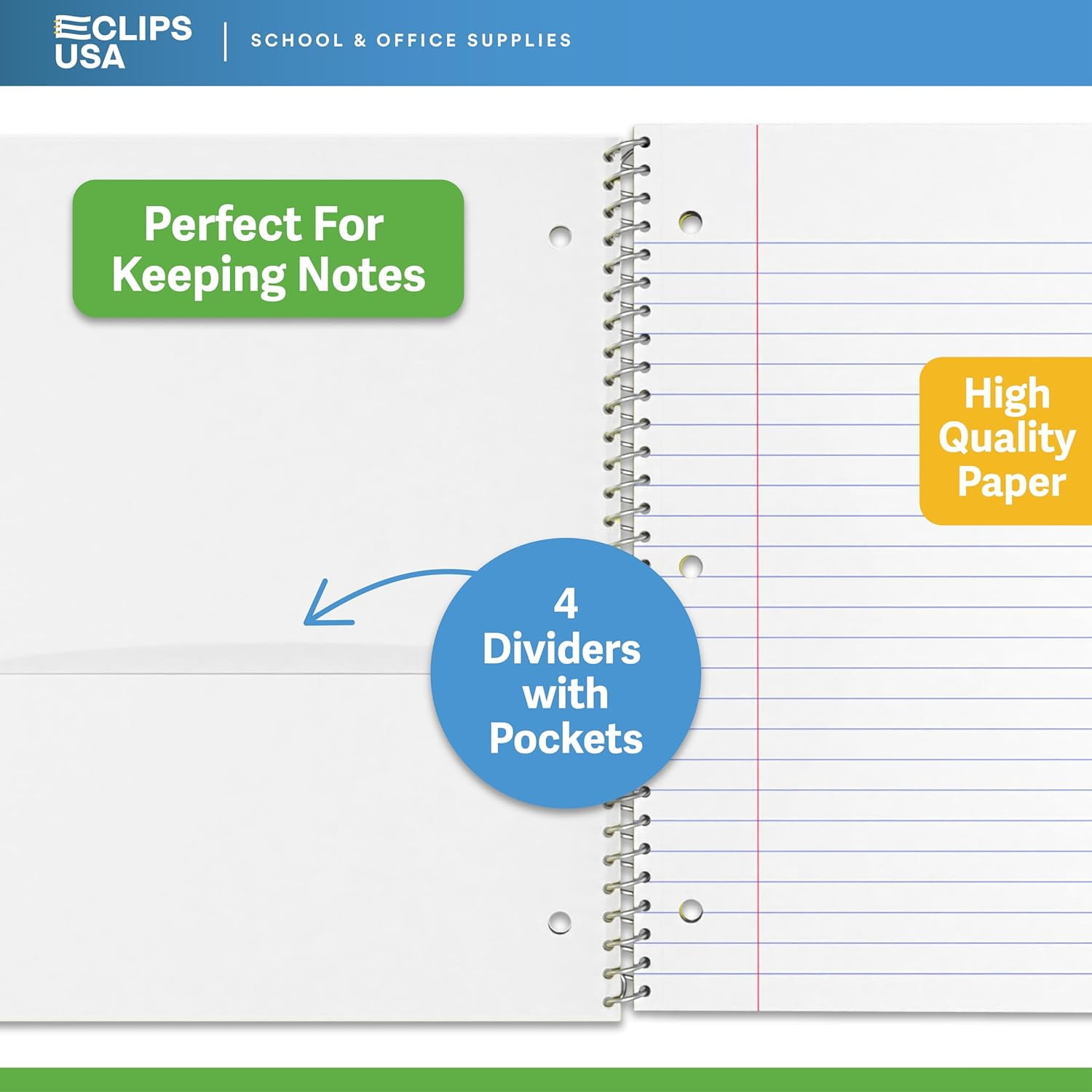 E-Clips USA 150-Sheet 5-Subject Wide Ruled Spiral Notebook with 2 Pocket Divider, 8.5” x 11”, 12-Pack