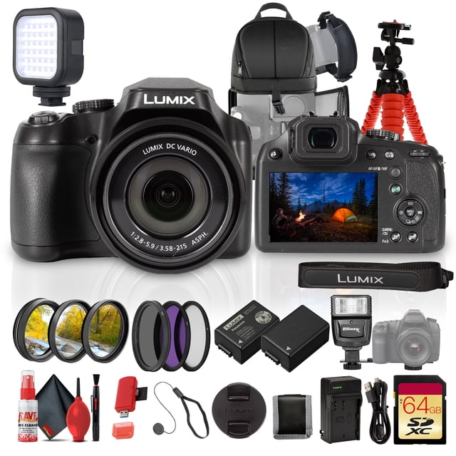 Panasonic Lumix FZ85D / FZ80D Digital Camera 18.1MP MOS Sensor 60x Optical Zoom Bundle with 64GB Memory Card + Tripod + Backpack + Flash light + BMB9 Battery +Charger + More (15 Items)