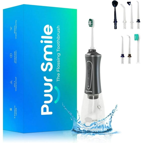 PuurSmile Professional Cordless Water Flosser Black - Dental Care Waterproof, 7 Replacement Tips