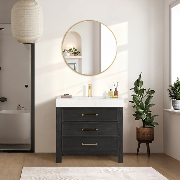 Leon 36" Single Bathroom Vanity in Fir Wood Black w/Lightning White top&Mirror