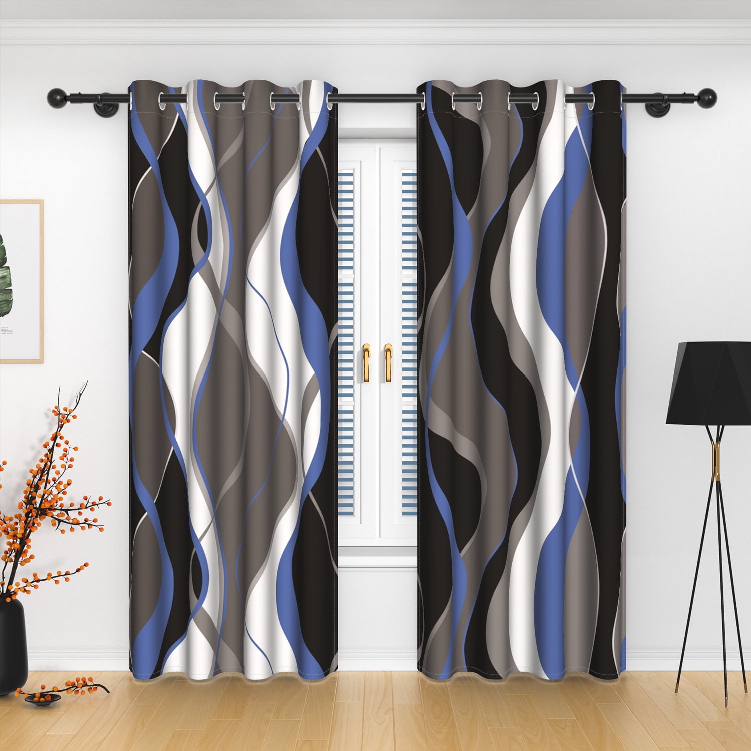 Lfeey Blackout Drapes 63 inch Long, Thermal Insulated Room Darkening Curtains, Blue Fluid Pattern, 2 Panels set