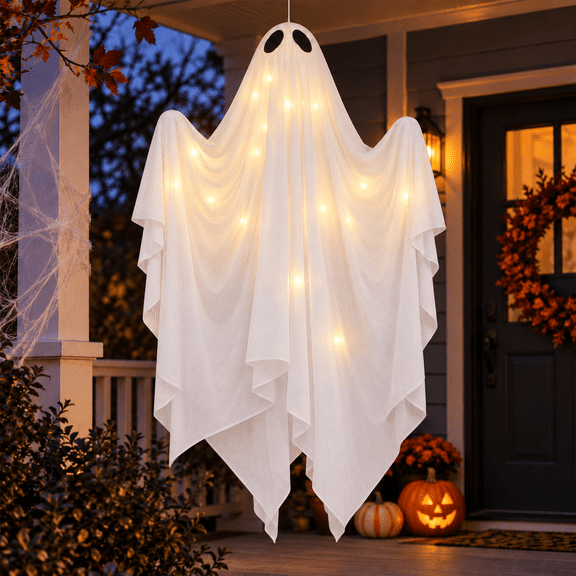 Halloween Large Hanging Ghost, Warm White LED Light Up Ghost Decoration for Halloween Outdoor Yard Porch Garden Party Decor