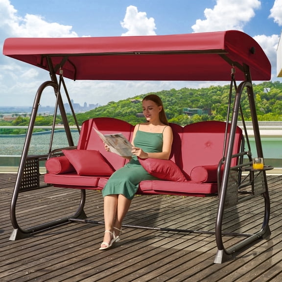 Mvpipi 3-Seat Patio Swing with Canopy, 3-in-1 Convertible Design, Thickened Cushions & Cup Holders,Triangle Style(Red)