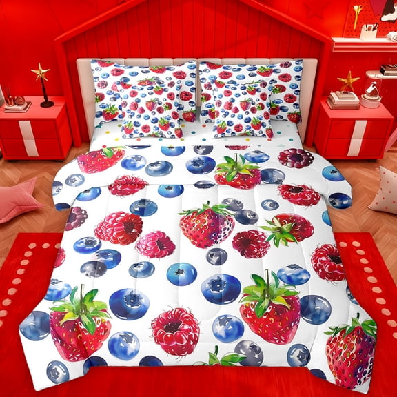 Manfei Blueberry Strawberry Pattern 7pcs Bedding Comforter Set,Sweet Fruit Theme Queen Bedding Sets,Red White Blue Queen Sheet Sets For Girls Boys,Super Cozy Room Decor Reversible