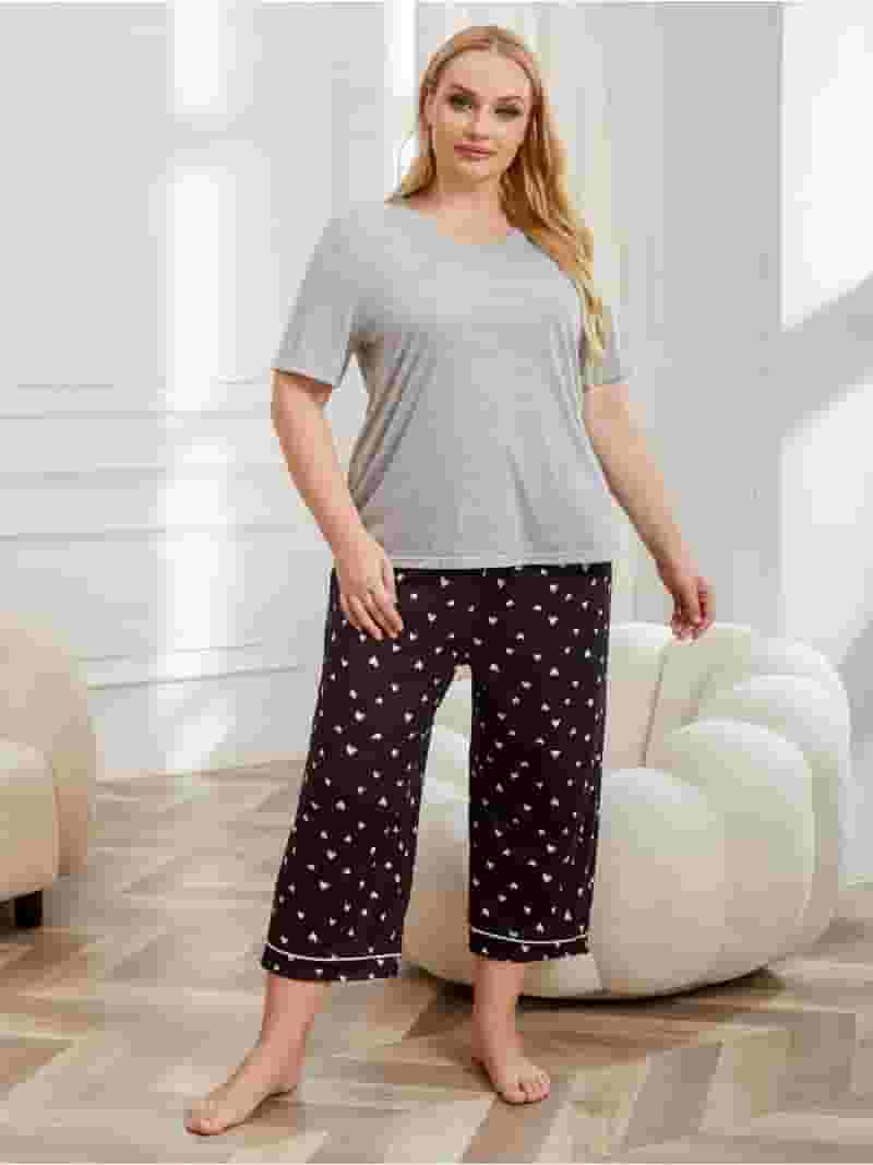 人気が高い Sleeve Short Size Plus Women's Pajama Tee V-Neck 2-piece Set Clothing
