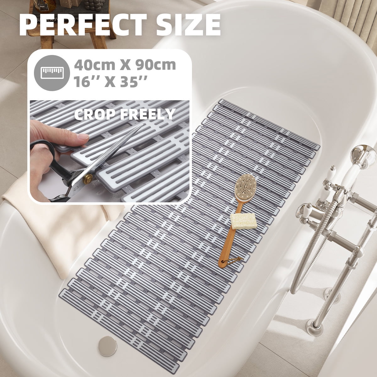 OEAKAY Bathtub Mat, Quick Dry Bath Mat for Tub 16"x 35", Tub Mat with Powerful Suction Cup & Drain Holes , Non-Slip Shower Mat for Bathtub, Easy to Cut, Grey White