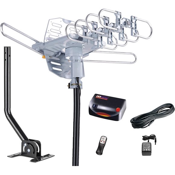 McDuory Outdoor 150 Miles Digital Antenna 360 Degree Rotation Amplified HDTV Antenna -Support 2 TVs-UHF/VHF/1080P/4K - Infrared Remote - 40ft RG6 Cable and Mounting Pole Included