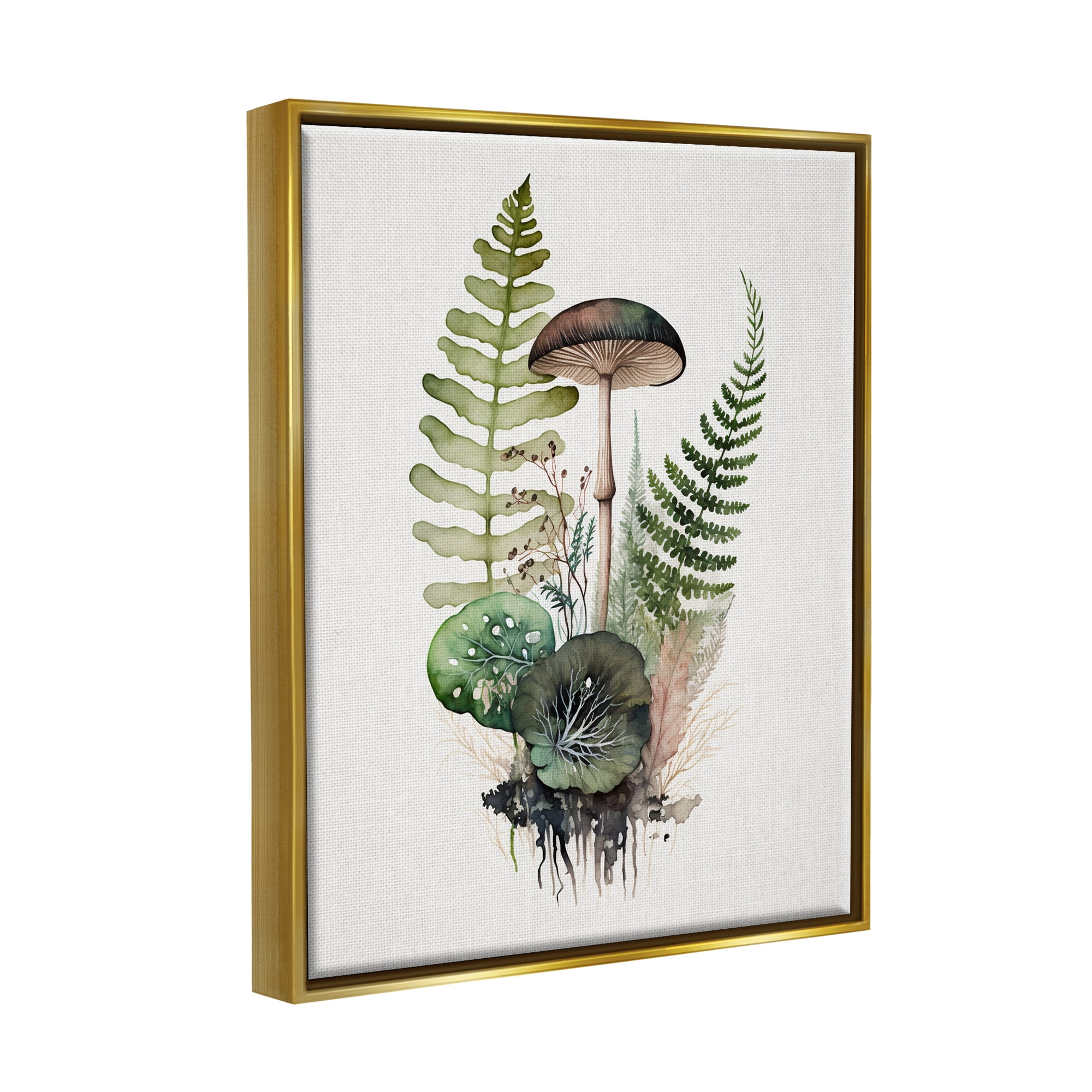 Stupell Industries Mushroom & Ferns Nature Botanical & Floral Painting Gold Floater Framed Canvas Art Print Wall Art, 25 x 31