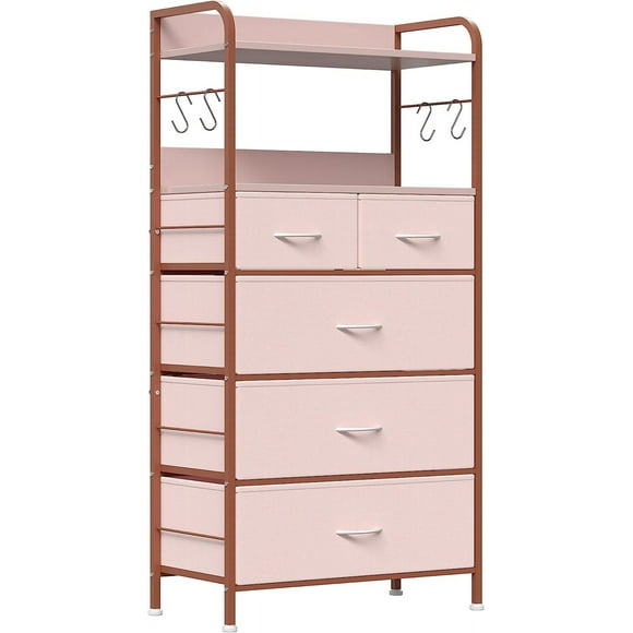 Dresser for Bedroom with 5 Drawers, Chest of Drawers with Shelf and Hooks, Tall Chest Organizer Unit for Living Room,Wide Chest of Drawers, Fabric Dresser Wooden Storage Rack, Pink