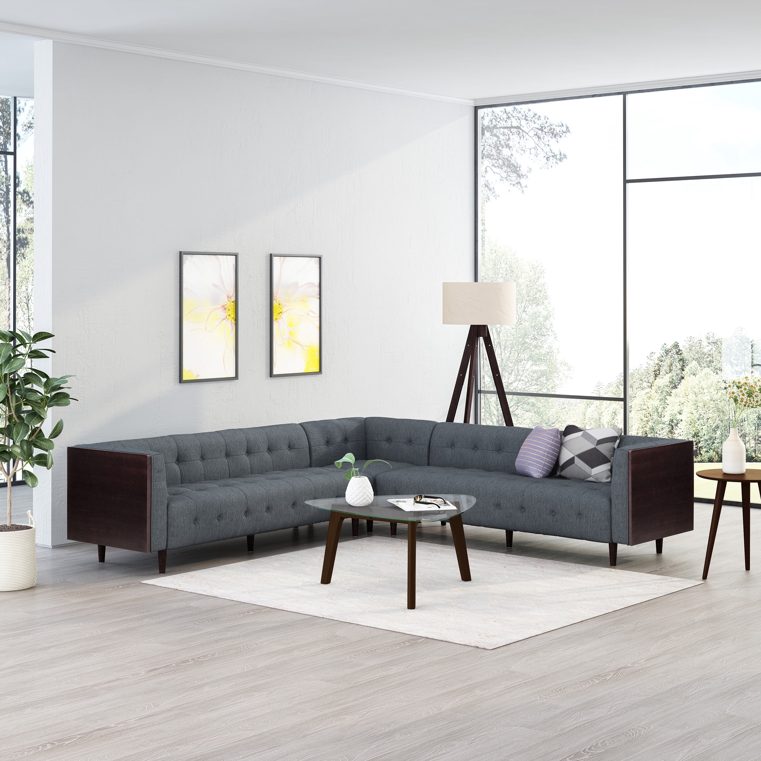 Noble House Rossburg Mid Century Modern Sectional Sofa, Charcoal Fabric