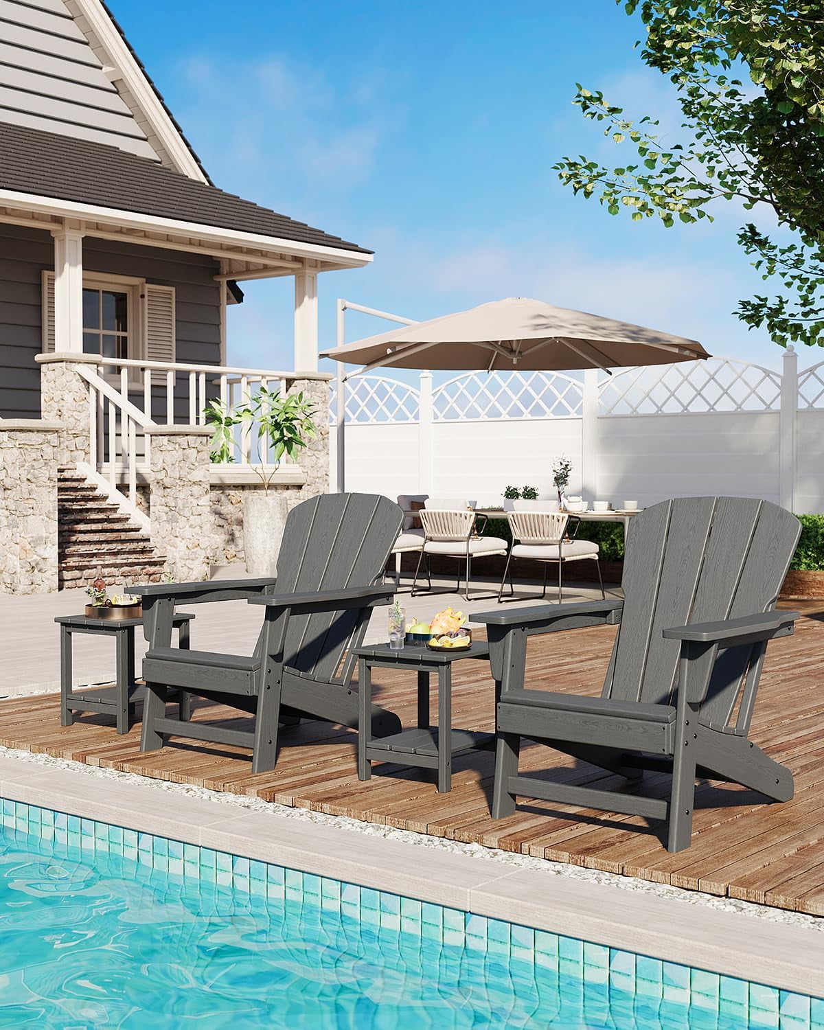 Outdoor Adirondack Chairs, HDPE Plastic Patio Chairs for All Weather, Weather-Resistant Fire Pit Chair with Wide Armrests & Slatted Back, for Patio, Deck, Lawn, Gray