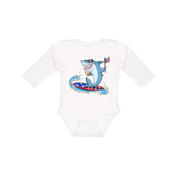 Inktastic Fourth of July Shark Surfing Boys or Girls Long Sleeve Baby Bodysuit