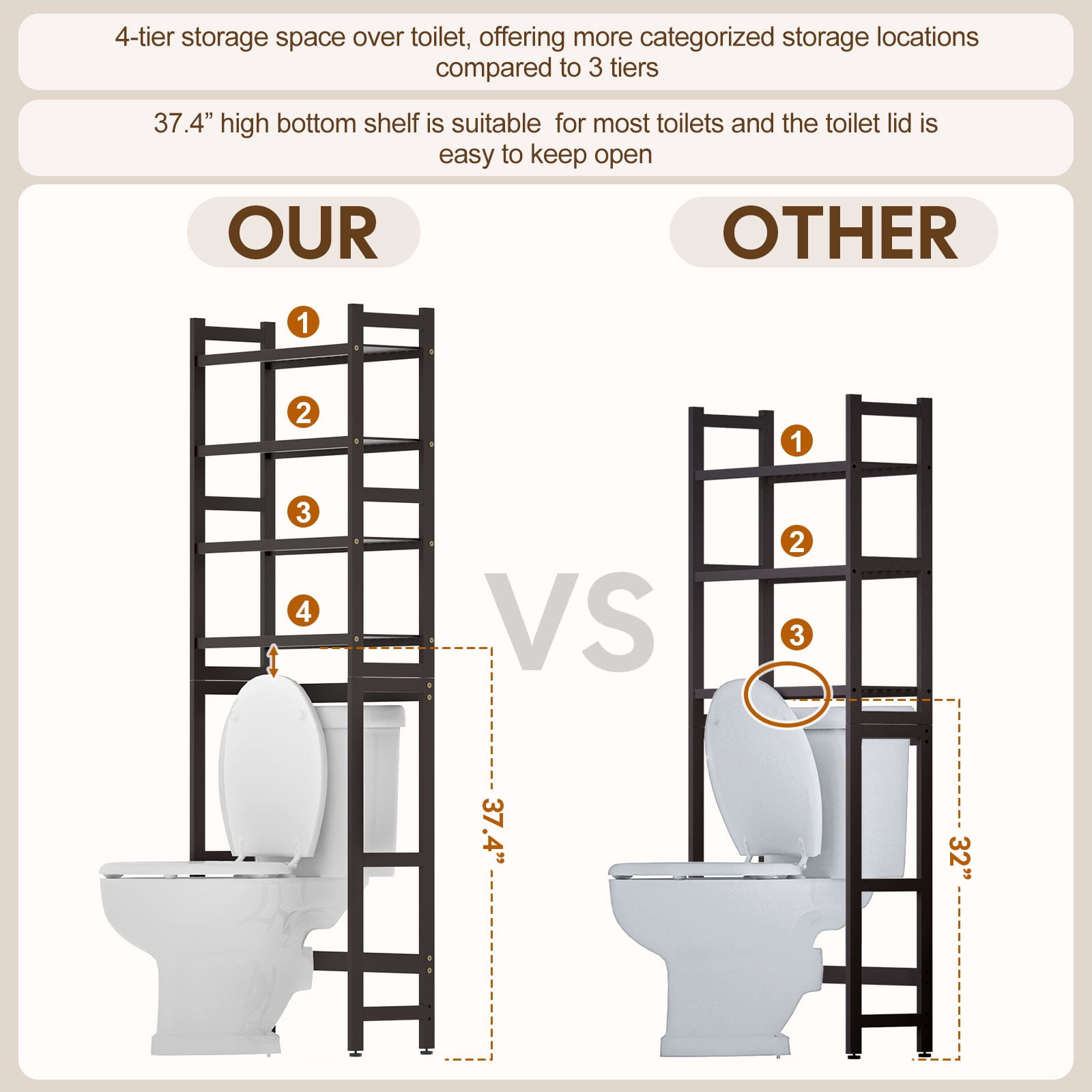 Enogets Over the Toilet Storage, Bamboo Bathroom Shelf Organizer with 2 Baskets & 4 Hooks, 4-Tier Space Saver