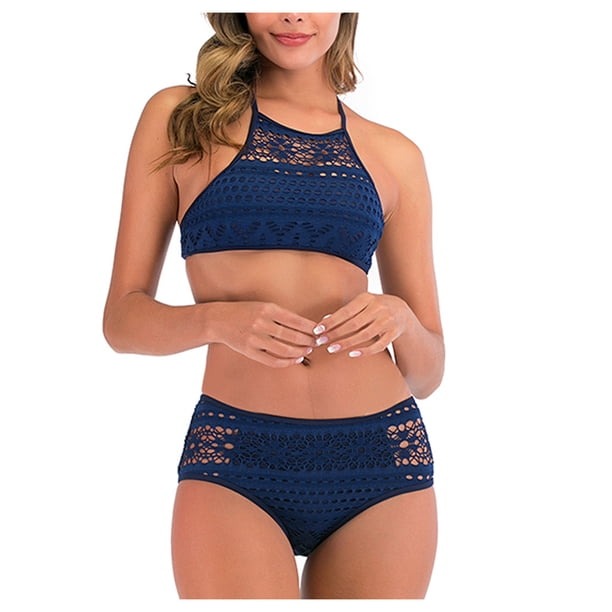 Gibobby Conjunto de bikini sexy Conjunto V Traje de baño de dos piezas Bikini de ganchillo Cuello de mujer Cintura alta Trajes de baño de encaje Conjunto(Azul,G)
