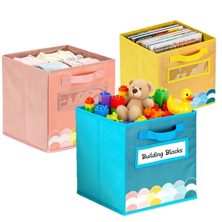 ABCKEY Fabric Cube Storage Bins (10 x 11 ) with Handle & Label Window Collapsible Fabric Storage Cubes Organizer 3 Pack