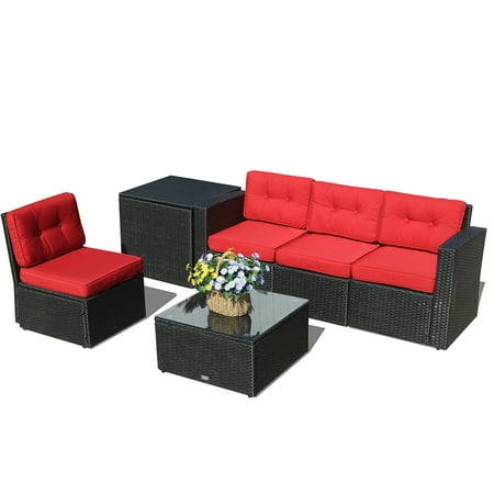Outdoor Patio Furniture Set 6 Piece Rattan Sectional Furniture Sofa With Cushions Wicker Storage Box Aluminium Frame Black Pe Wicker Red