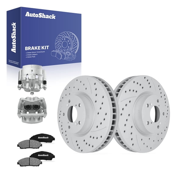 AutoShack Front Vented Drilled & Slotted Coated Brake Rotors Silver Matte Finish   Ceramic Pads   Calipers 8-PC Brake Kit Replacement for 2007-2013 Acura MDX TurboGuard 12.99" (330 mm)