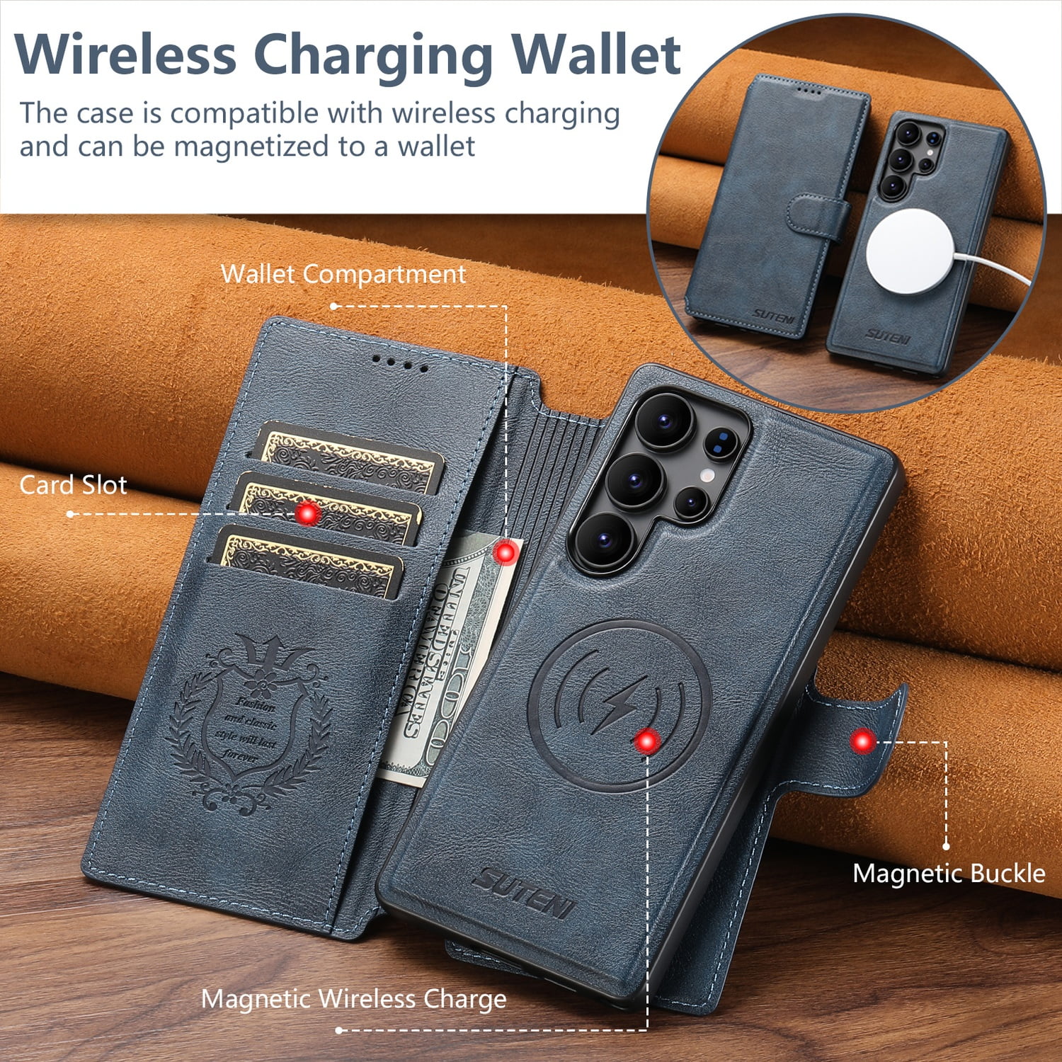 for Samsung Galaxy S24 Ultra Detachable Wallet Case, PU Leather Magnetic Cover Support Wireless Charging & Magnetic Car Mount, Card Slots Holder, Flip Stand, Folio Protective Phone Shell, Blue