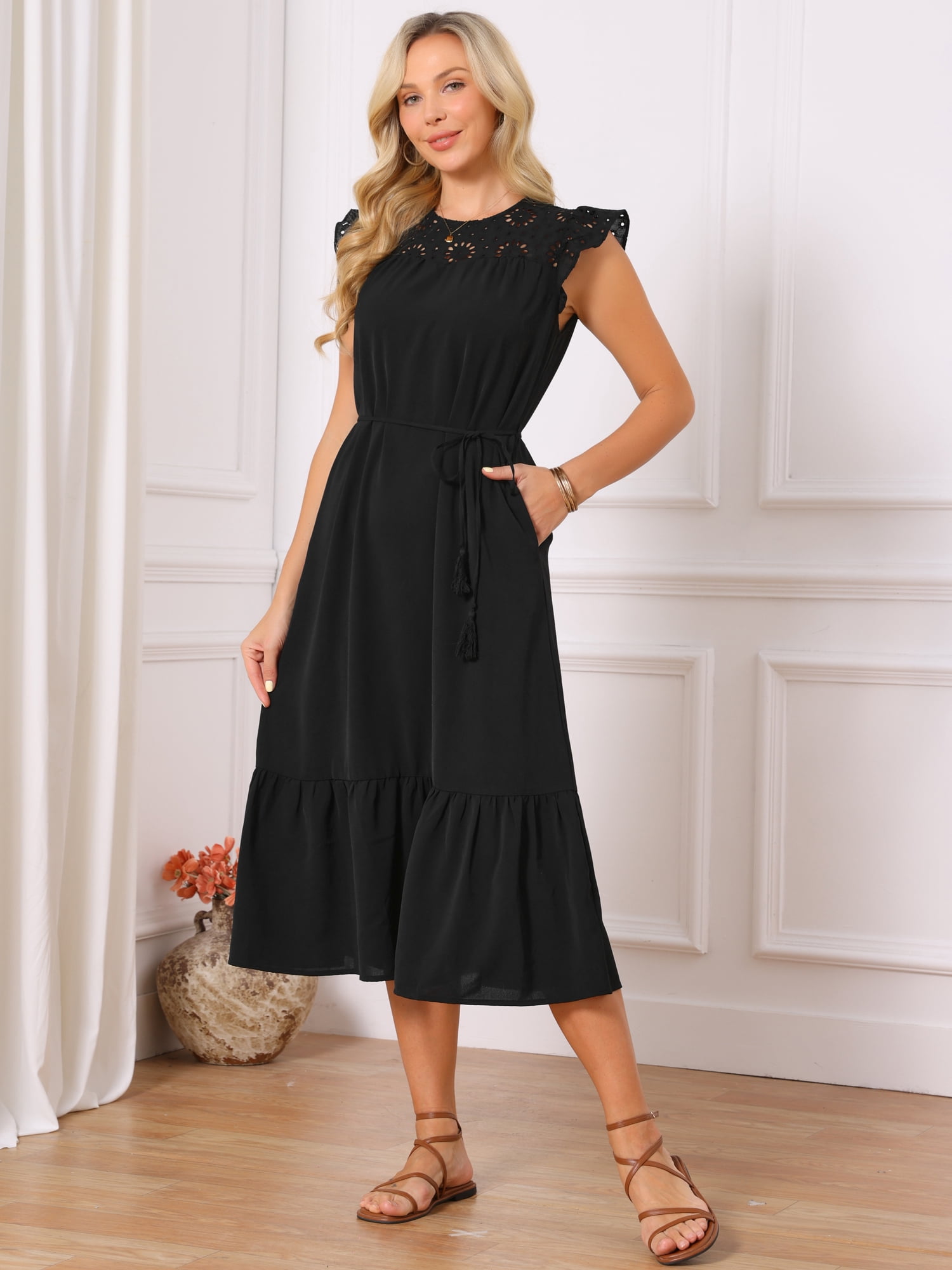 DARING DIVA Women's Eyelet Dress Flutter Sleeve Casual Sundress Flowy Midi S Black