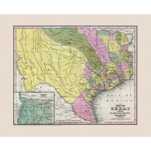 Historic State Map - Texas South East - Williams 1845 - 28.30 x 23 - Vintage Wall Art