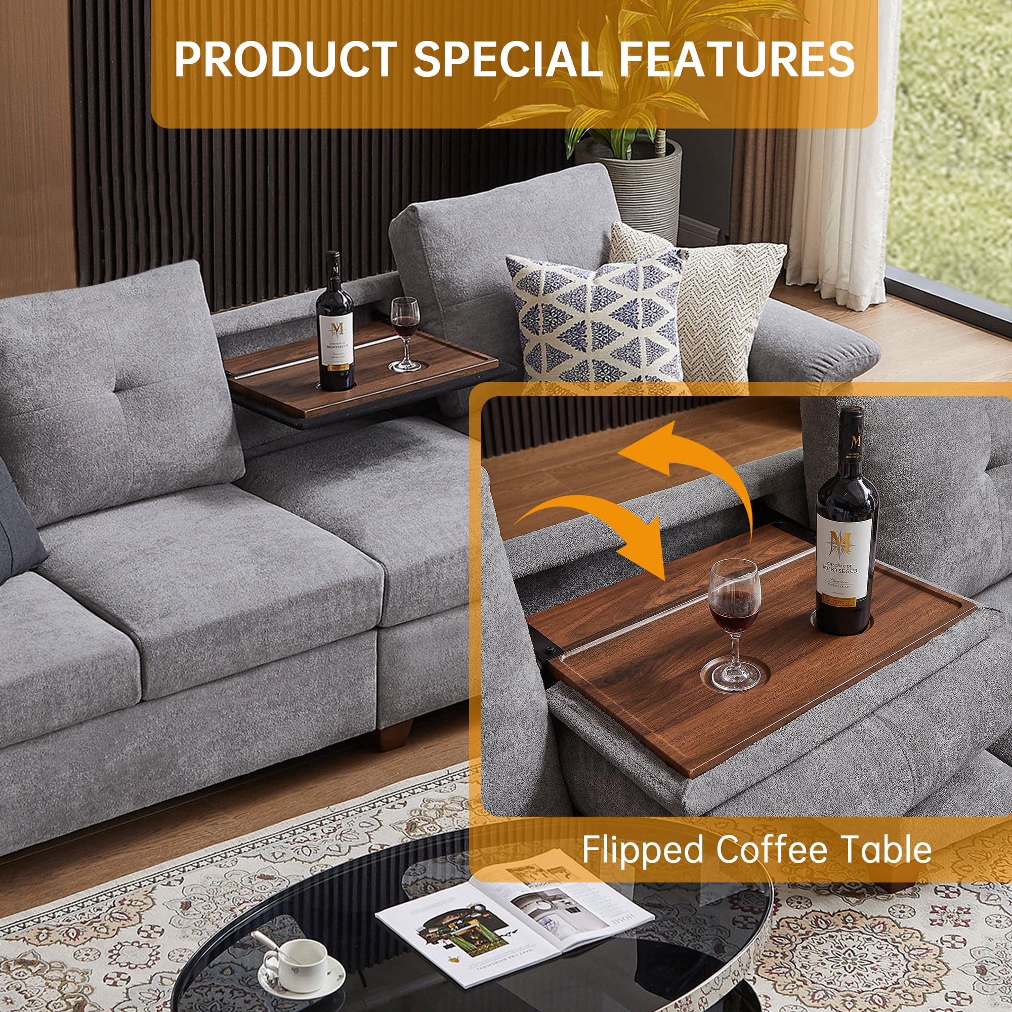 Jarenie Modern Living Room Furniture - Sectional Recliners Couch Set with Cup Holders & Wooden Armrests