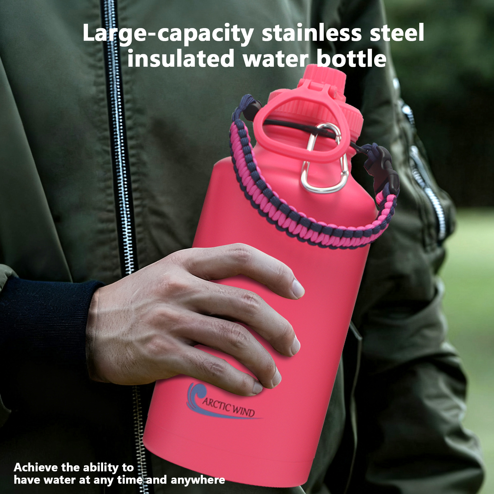 Arcticwind 64 oz Insulated Water Bottle, 304 Stainless Steel Leak Proof & BPA-Free, Half Gallon Water Bottle, Paracord Handle, 64oz Water Bottle Triple Wall Thermal Sweat-Proof Gallon Water Jug