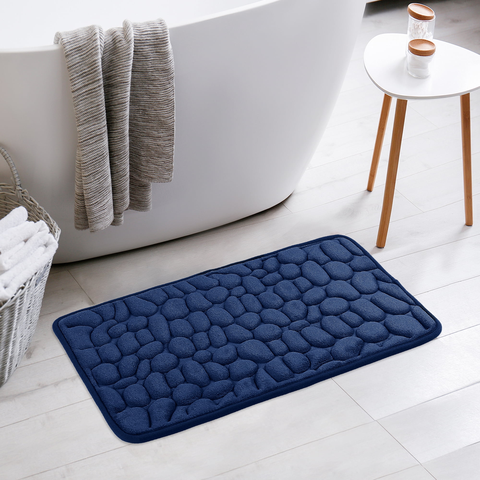 Unique Bargains Memory Foam Soft Bath Mat Quick Dry Bath Carpet Rug Navy Blue 16"x24"