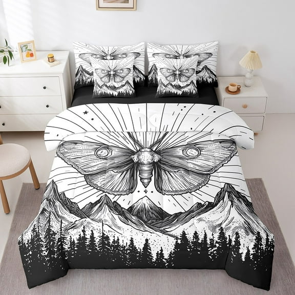 Erosebridal Black Moth Bedding Sets Twin Size,Gothic Style Comforter Sets with Sheets,Mountain Woodland Bed in a Bag Twin size,Lightweight Bohemian Bedroom Decorative,Reversible,7pcs