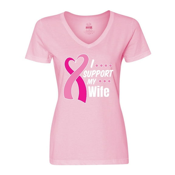 Inktastic Breast Cancer Awareness I Support My Wife with Pink Ribbon Women's V-Neck T-Shirt
