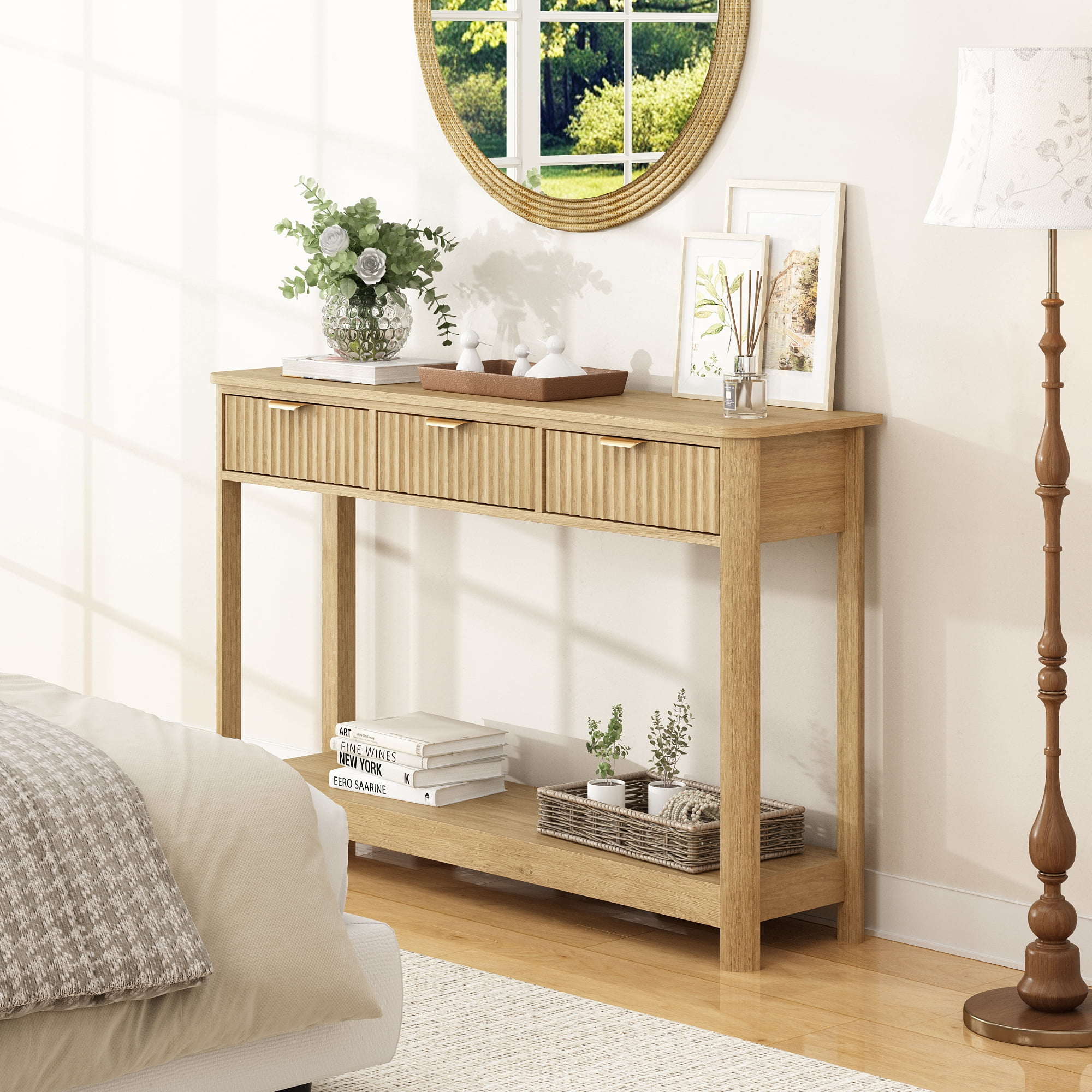 47" Fluted Console Table with 3 Storage Drawers, Narrow Entryway Table, Wood Sofa Couch Table for Living Room Entrance