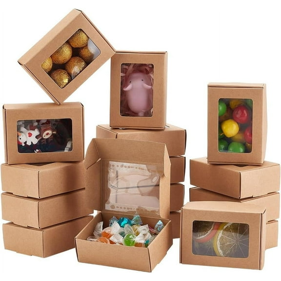 100Pcs Kraft Paper Storage Boxes with Visible Window Square BurlyWood 8.5x6x3cm