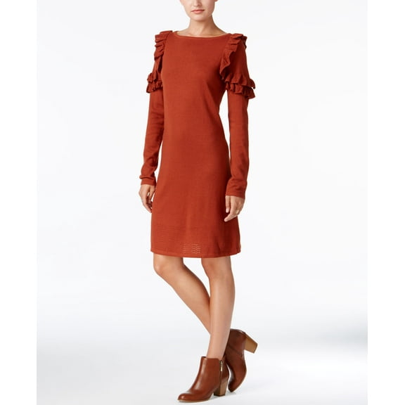 Style & Co Ruffle Shoulder Sweater Dress Rich Auburn XS