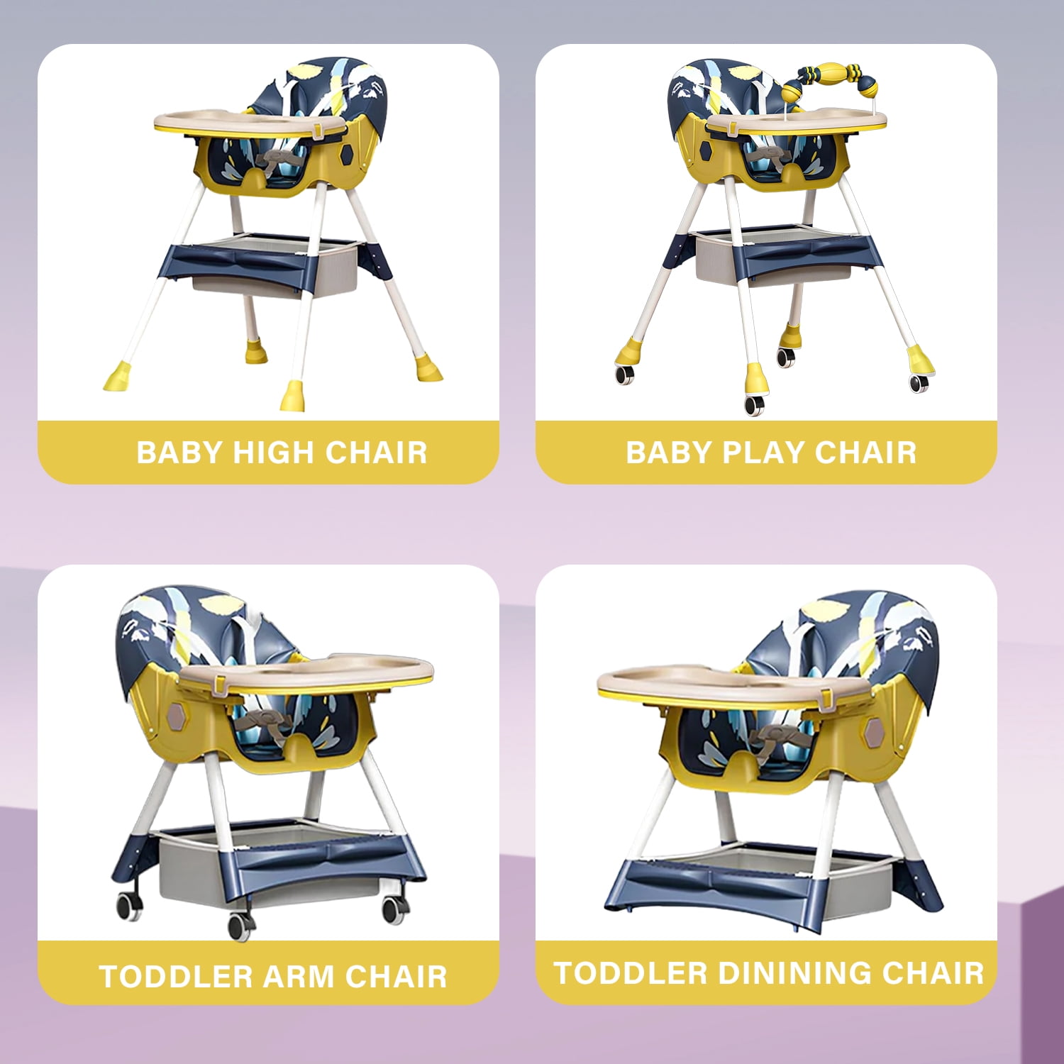 BEJOLO Baby High Chair, 4-in-1 Foldable Highchair Dining Feeding Chair with Double Dining Plate & Toy Rack, Infant to Toddler, Blue and Yellow