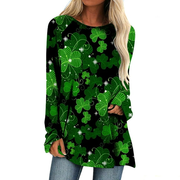 Pntutb Womens St. Patricks Day Print Round Neck Long Sleeve Loose T-shirt Tops