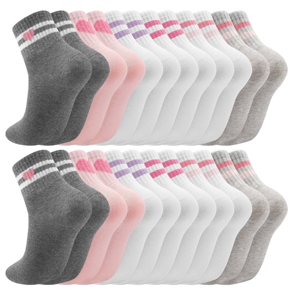 Bocaoying Girls Cotton Athletic Crew Socks, Cute Stripes Heart & Flower Designs, 12 Pairs, Ages 3-12
