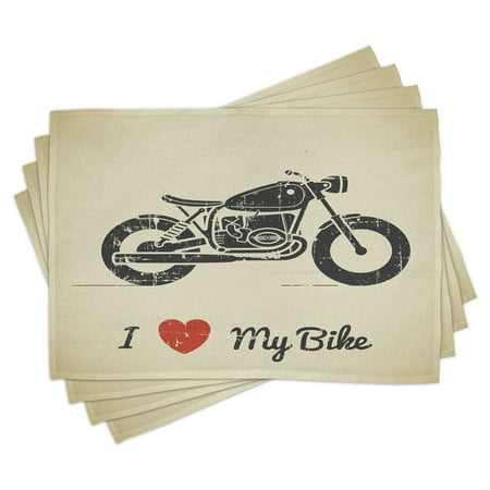 

Manly Placemats Set of 4 Vintage Grunge Flat Looking Motorcycle and I Love My Bike Text Silhouette Washable Fabric Place Mats for Dining Room Kitchen Table Decor Charcoal Grey Khaki by Ambesonne