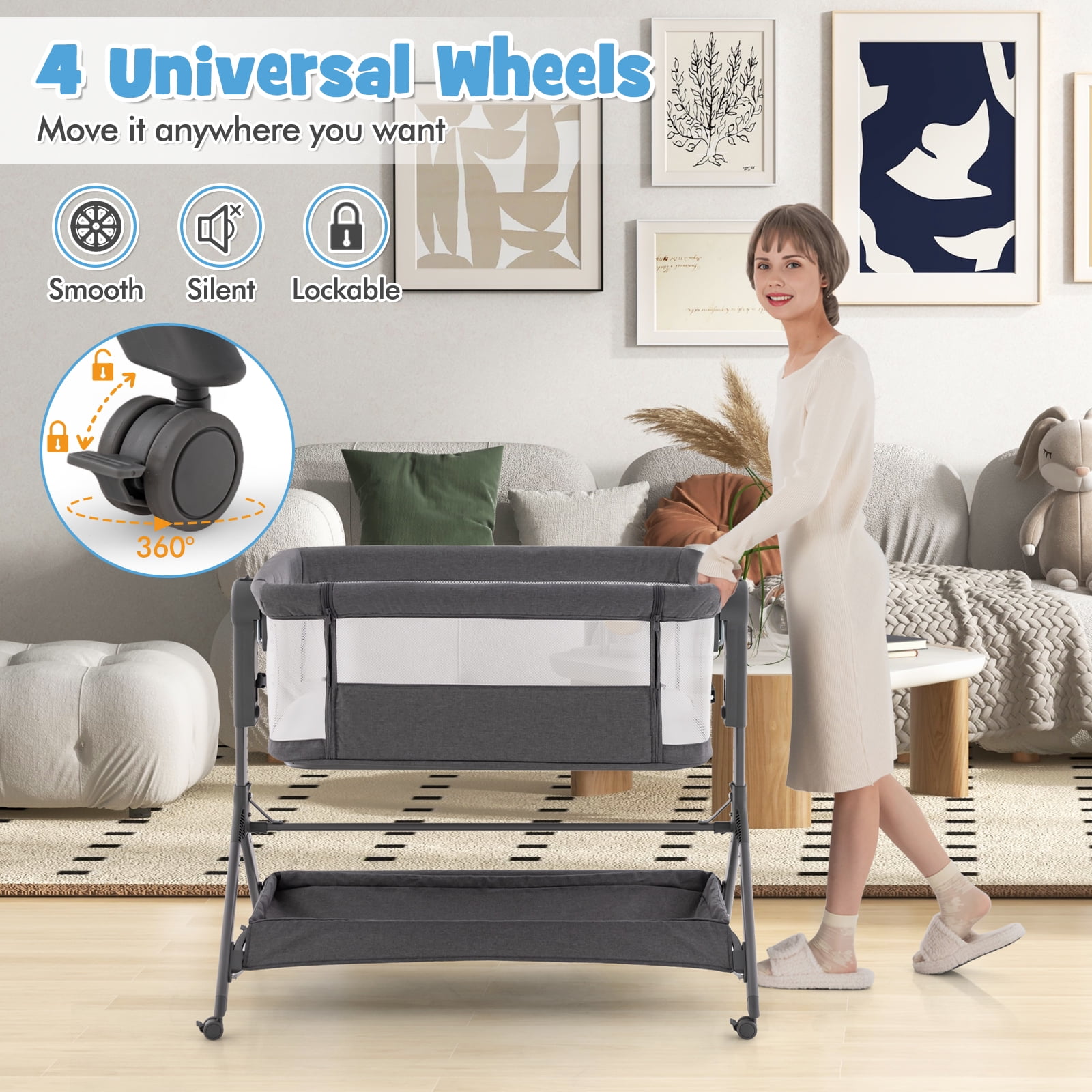 Costway Height Adjustable Bedside Sleeper Baby Crib with Storage Bag 0-6 Months Gray