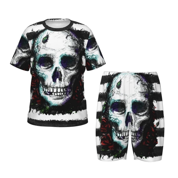 Balery Watercolor Skull Conjunto de Pijama Infantil de Manga Corta con Estampado – Ropa de Dormir de Algodón Suave-3X-Large
