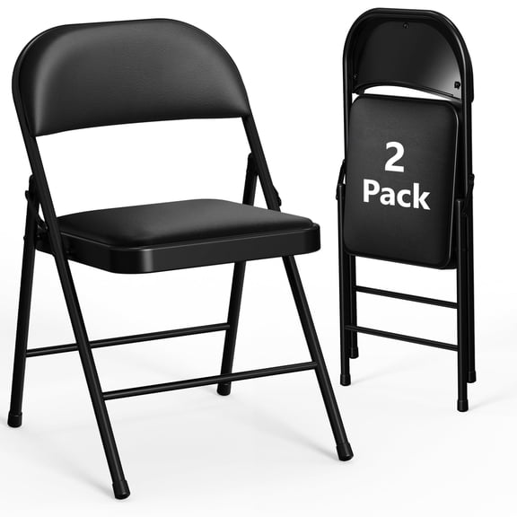 WASUHE Padded Folding Chairs Set of 2, Indoor Outdoor Portable Lightweight Stackable Chairs for Office, Party, Wedding & Events, Black Leather